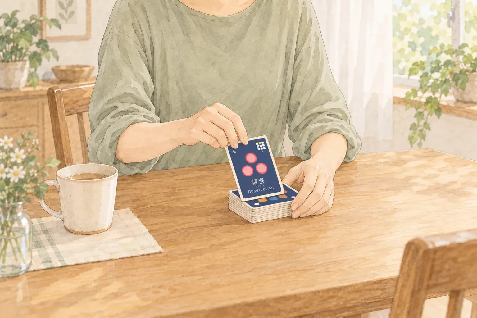 食卓でカードを1枚眺める手元