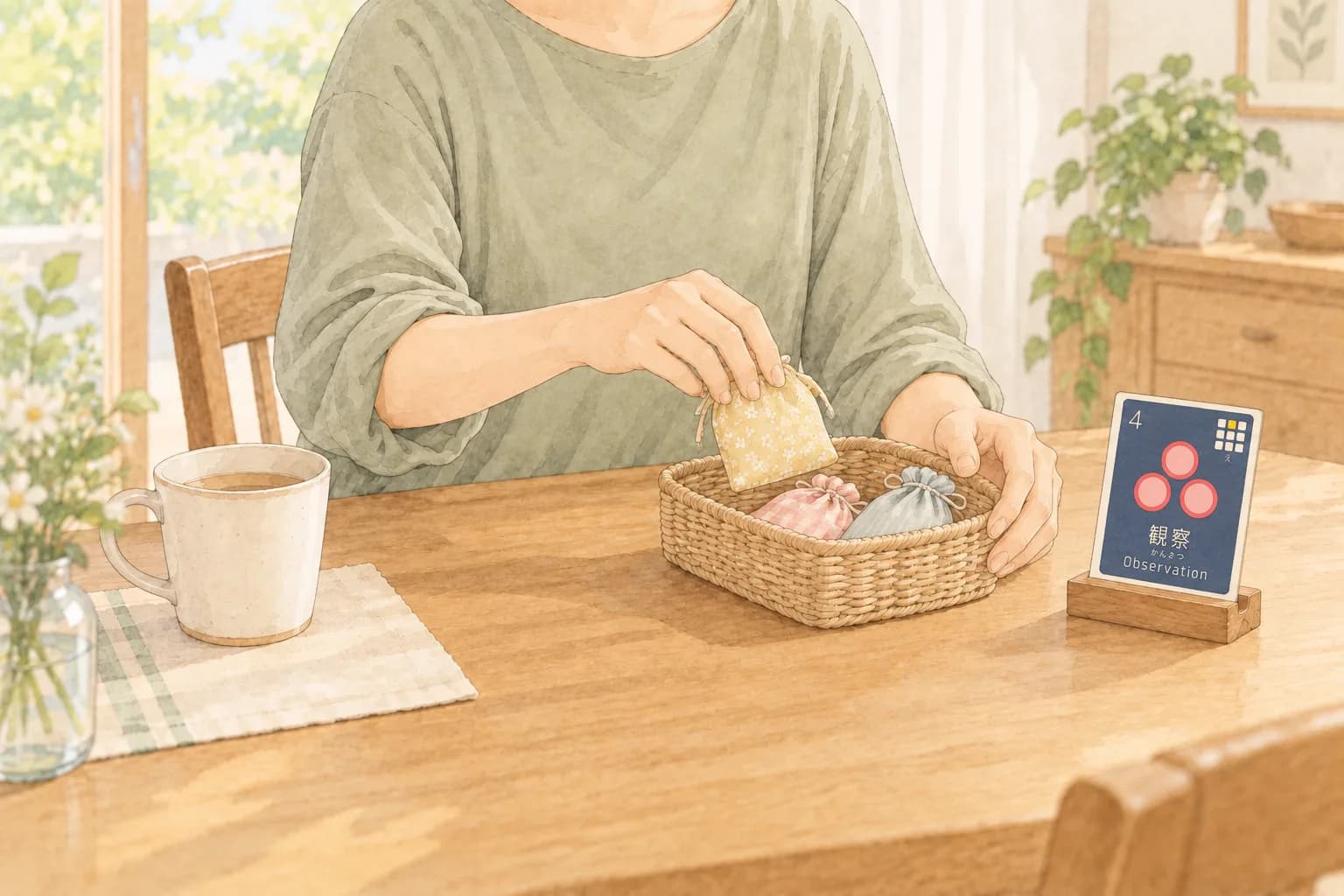 カードをそばに置いて布小物を整える手元