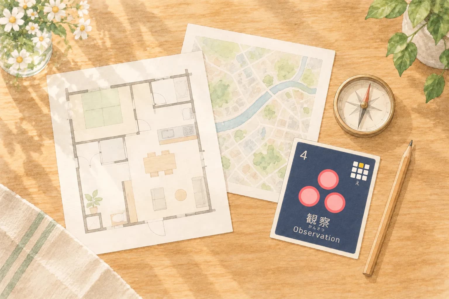 間取り図、地図、方位磁石、カードを並べた鑑定の机